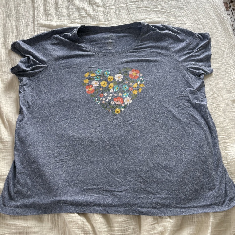 St Johns Bay T Shirt Floral Heart Graphic Cotton Blue Crew Neck Casual Plus 3X